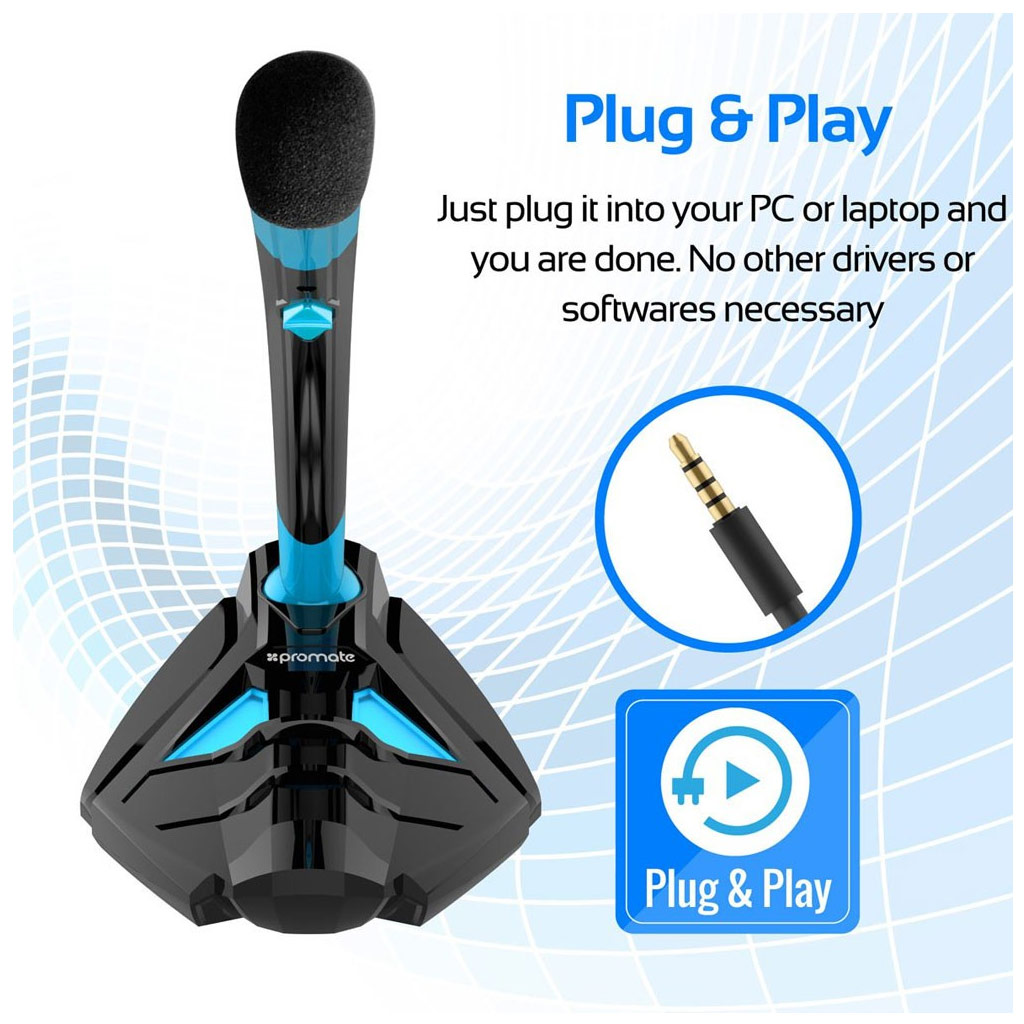 Picture of Promate Desktop Microphone Professional Digital 3.5mm Jack Microphone Stand with Adjustable Neck for Laptop PC Gaming Skype Audio Recording Tweeter-4 (Blue)
