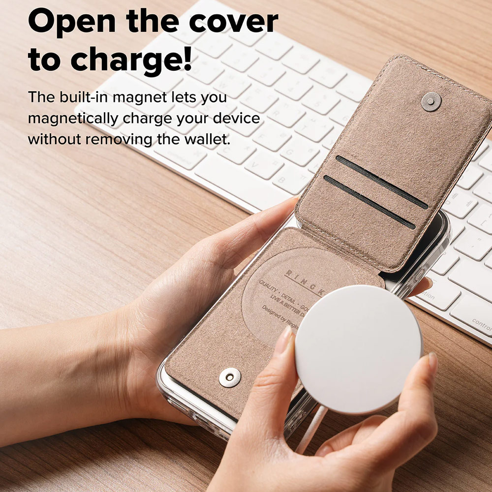 Picture of Apple iPhone 15 Pro Max 6.7  | Ringke Slide Grip PU Wallet Magnetic for iPhone 15 iPhone 16 Pro Max Card Holder Phone Stand (Taupe Brown)