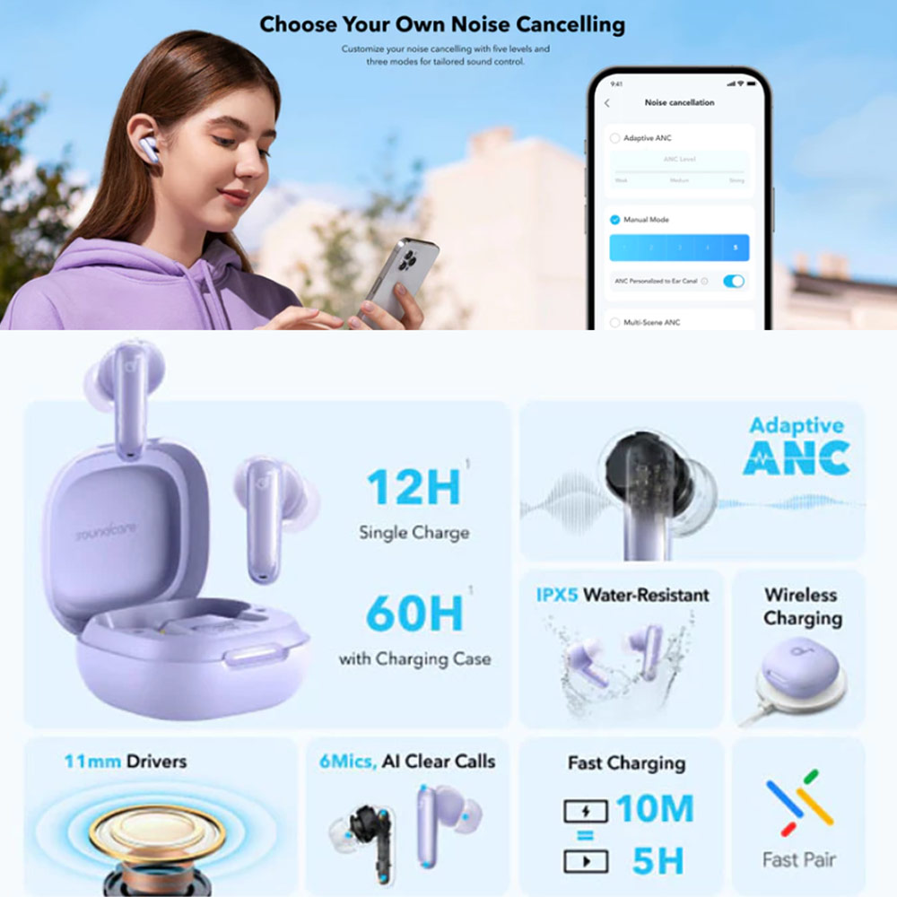 Picture of Anker Soundcore P40i Wireless Earbuds With Noise Cancelling Adaptive Heavy Bass 60H Playtime (Blue)