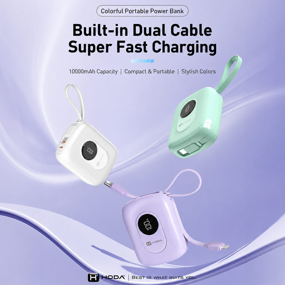 Picture of Hoda 10000mAh CCC Travel Safe Powerbank 20W Fast Charge with Type-C Built In Cable Travel Friendly (Purple)