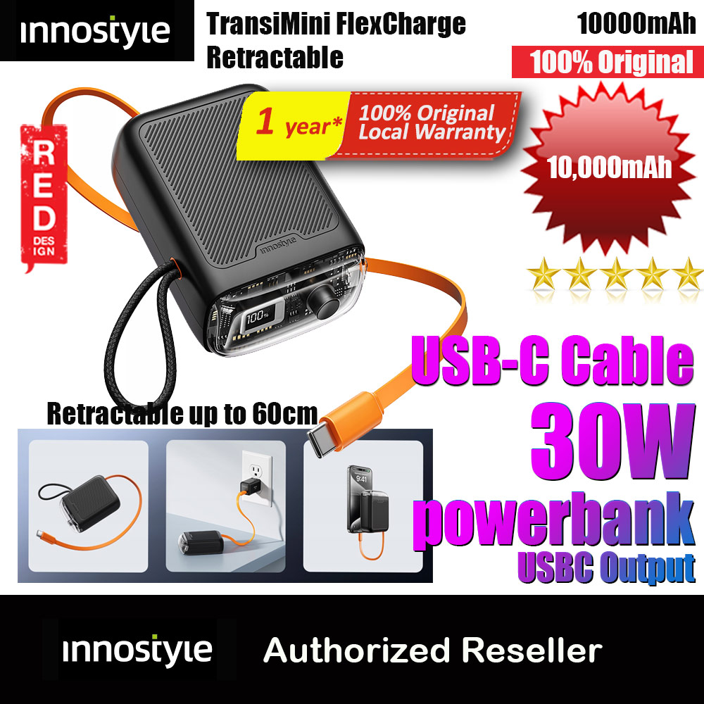Picture of Innostyle CCC 3C Certified Power Bank TransiMini FlexCharge Retractable 30W 10000mAh 60cm USB-C Small Mini Compact Size Power Bank with Cable (Black) Red Design- Red Design Cases, Red Design Covers, iPad Cases and a wide selection of Red Design Accessories in Malaysia, Sabah, Sarawak and Singapore 
