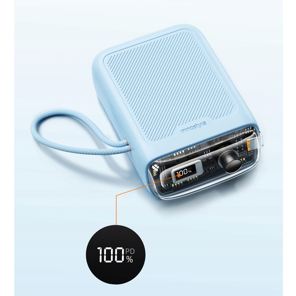 Picture of Innostyle CCC 3C Certified Power Bank TransiMini FlexCharge Retractable 30W 10000mAh 60cm USB-C Small Mini Compact Size Power Bank with Cable (Blue)
