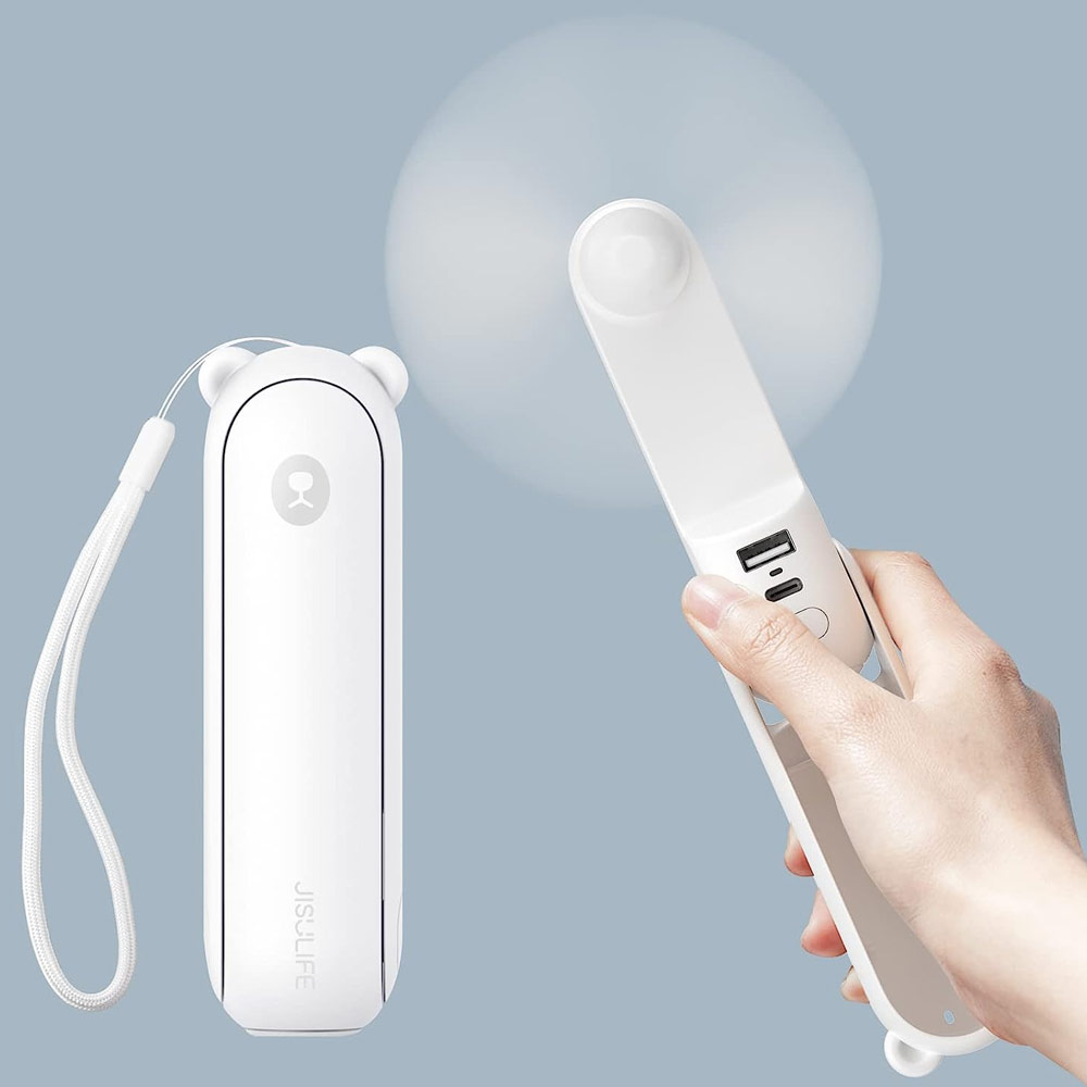 Picture of Jisulife Malaysia 3 in 1 Mini Handheld Fan USB Rechargeable Fan Power Bank with Flash Light for Office OutdoorTravel Hiking Camping Concert Indoor Court F8X (White)