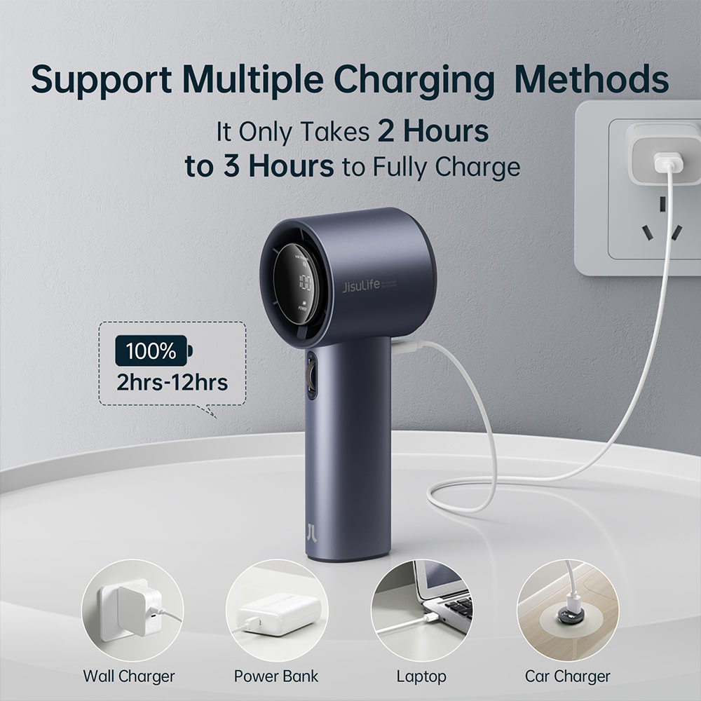 Picture of Jisulife Malaysia Super Power 100 Speed Turbo Strong Wind Portable Fast Charge Rechargeable  3600mAh Hidden Blade High Quality Handheld Mini Fan for Outdoor Indoor Badminton Court Concert Picnic Camping FA53ABS (Blue)