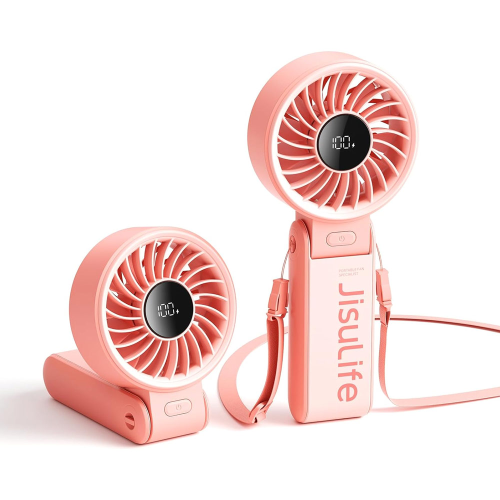 Picture of Jisulife Malaysia 3 in 1 Handheld Fan Life7 Powerful Portable Fan with LED Display Foldable as Desk Fan Hangable as Neck Fan (3600mAh Pink)