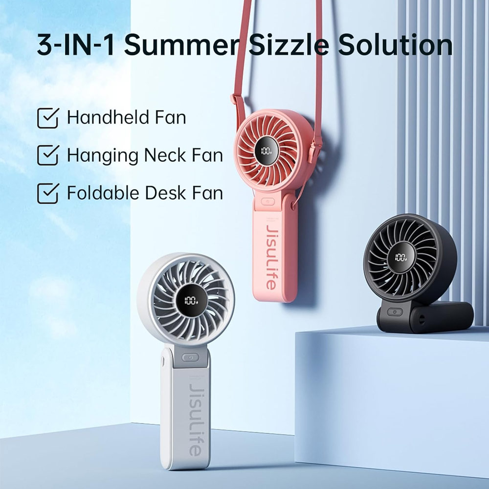 Picture of Jisulife Malaysia 3 in 1 Handheld Fan Life7 Powerful Portable Fan with LED Display Foldable as Desk Fan Hangable as Neck Fan (3600mAh Pink)