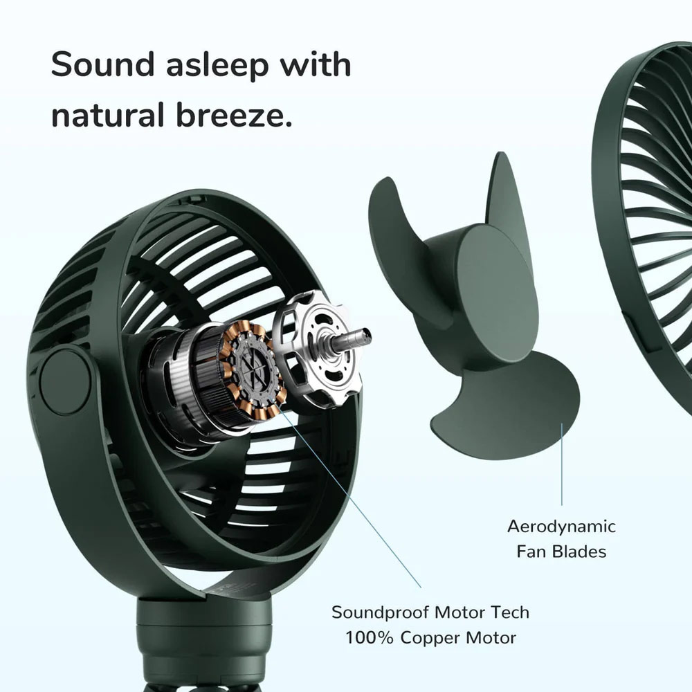 Picture of Jisulife Malaysia Child Safe Low Noise Stroller Car Seat Rotatable Flexible Tripod Mini Rechargeable Fan FA40A (Green)