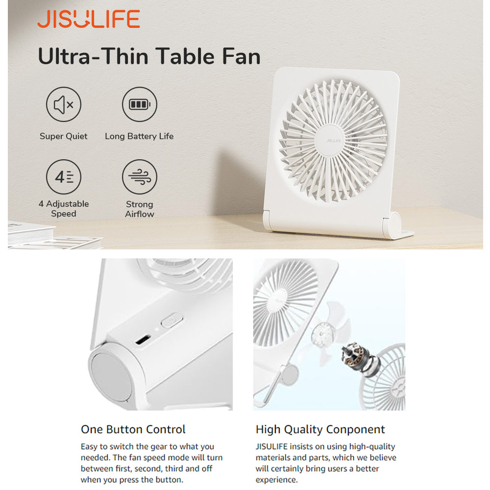 Picture of Jisulife Malaysia Ultra Slim Table Fan Lite Strong Air Flow 4 Speed Wind Portable Rechargeable 4500mAh Desktop Fan For Home Office Outdoor Travel (White)