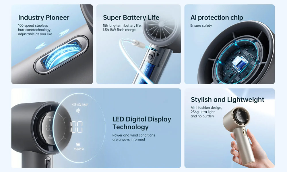 Picture of Jisulife Malaysia Super Power 100 Speed Turbo Strong Wind Portable Fast Charge Rechargeable 5000mAh Hidden Blade High Quality Handheld Mini Fan for Outdoor Indoor Badminton Court Concert Picnic Camping FA53Pro (Bright Brown)