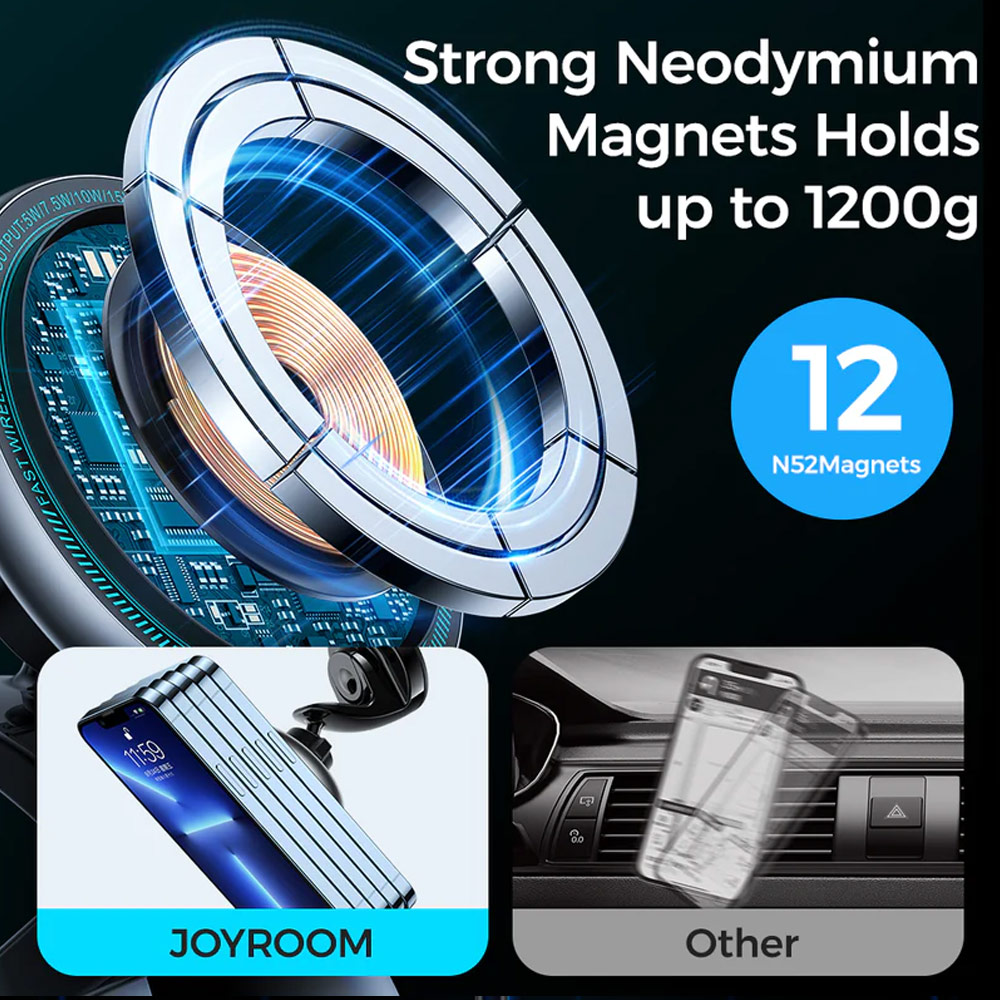 Picture of Joyroom Strong N52 Magnetic 15W Fast Wireless Car Charger Car Mount Phone Holder Dashboard Car Mount Windscreen Car Mount (Black)