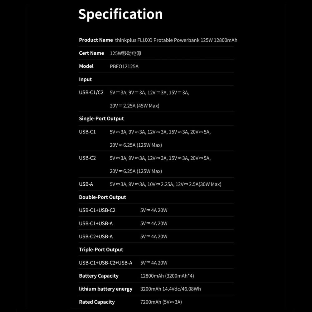 Picture of Lenovo Thinkplus Fluxo CCC 3C Certified Laptop Notebook Travel Power Bank Mini Size 125W Output 12800mAh