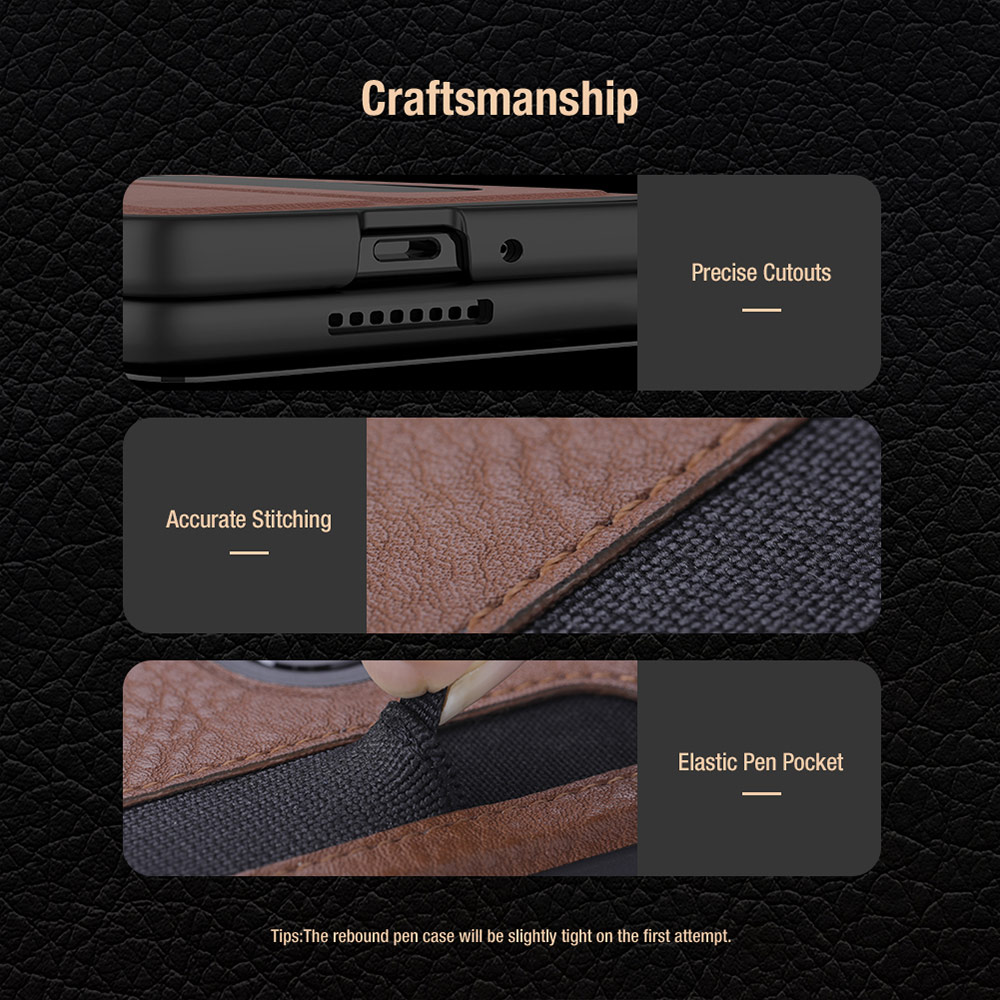 Picture of Samsung Galaxy Z Fold 5 Case | NILLKIN Aoge Leather Case Standable Case with S Pen Holder for Galaxy Z Fold 5 (Black)