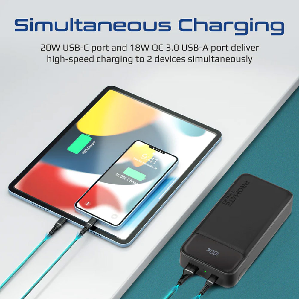 Picture of Promate 20000mAh Power Bank Powerbank 20W Power Delvey USB-C 18W QC3 USB-A  with Kickstand Torq-20 (Black)