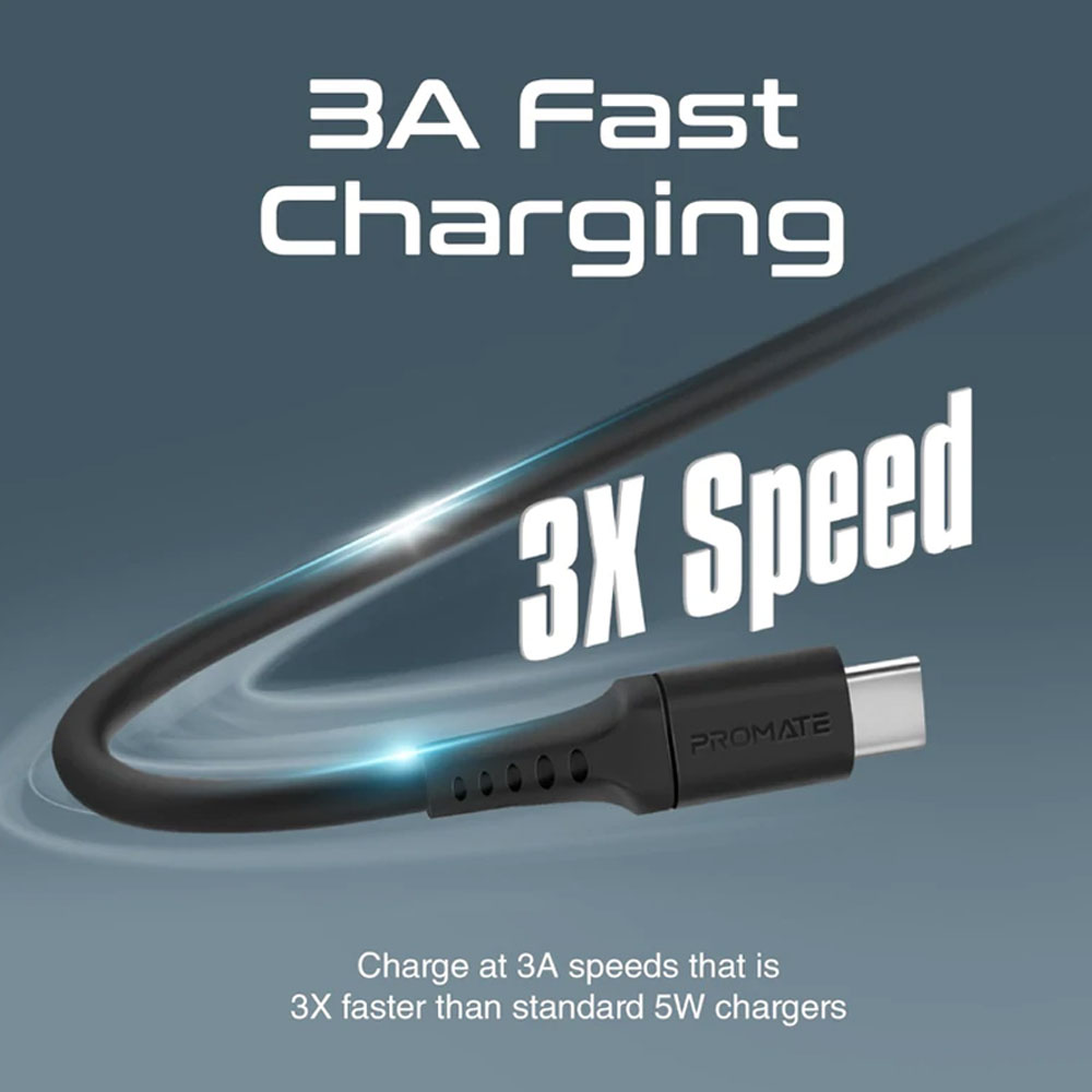 Picture of Promate Ultra Fast USB A to USB C 3A Fast Charging Soft Silicone cable for Smartphones Tablets Galaxy S22 Ultra Vivo Huawei Oppo (Black)
