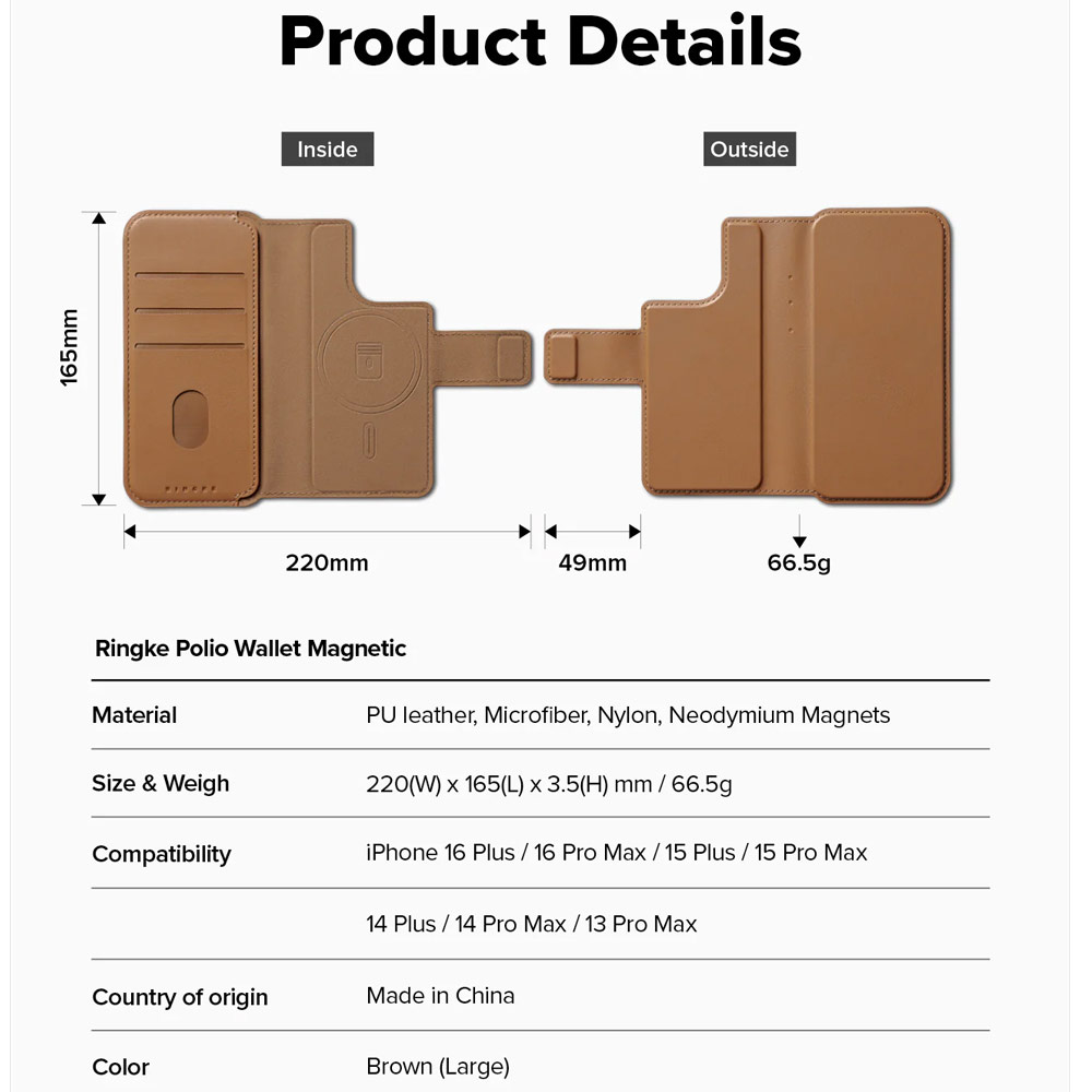 Picture of Apple iPhone 15 Plus 6.7  | Ringke Folio Wallet Magnetic Flip Cover Card Holder for iPhone 16 Pro Max iPhone 16 Plus (Brown)