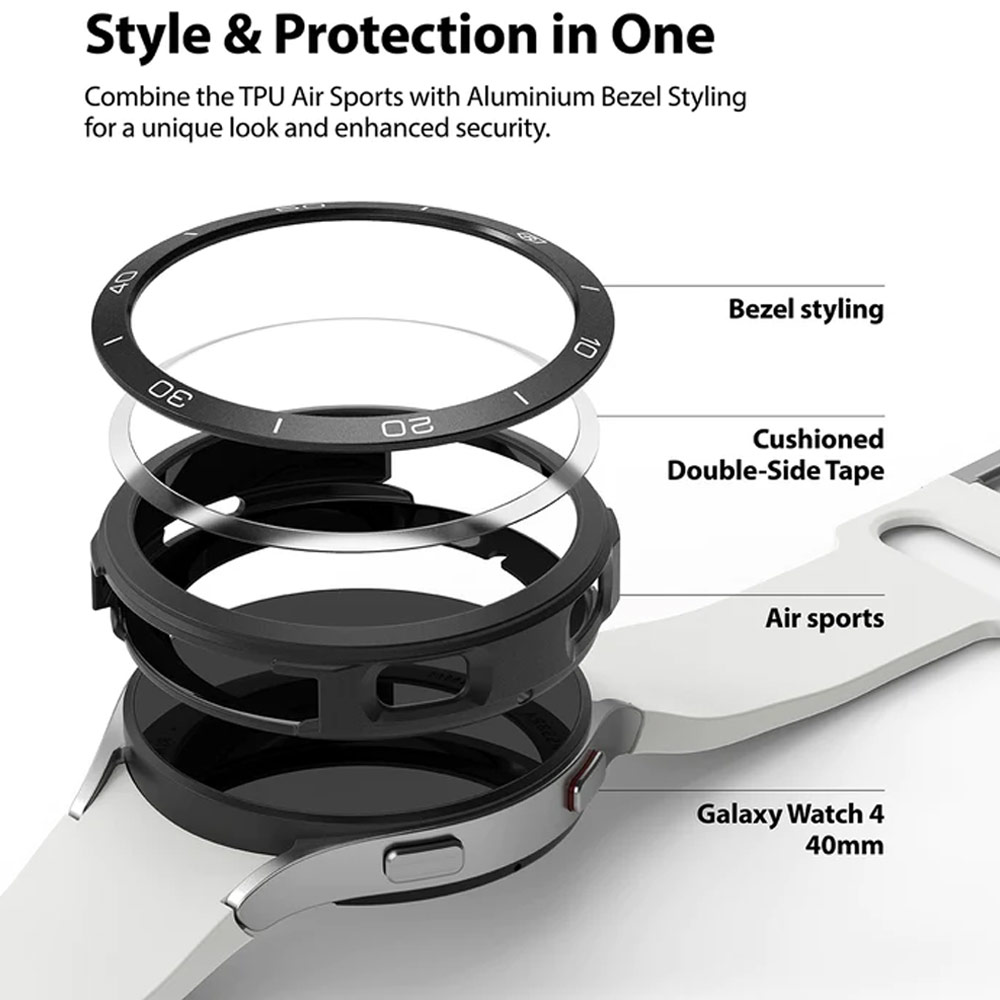 Picture of Samsung Galaxy Watch 4 40mm Case | Ringke Air Sports Soft Bumper Case and Aluminum Bezel for Galaxy Watch 4 40mm Case and Bezel (Black Black)