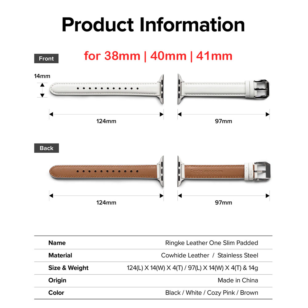 Picture of Apple Watch 38mm  | Ringke Genuine Leather One Slim Padded Strap for Apple Watch Series 4 5 6 8 9 41mm 40mm 38mm (Black)