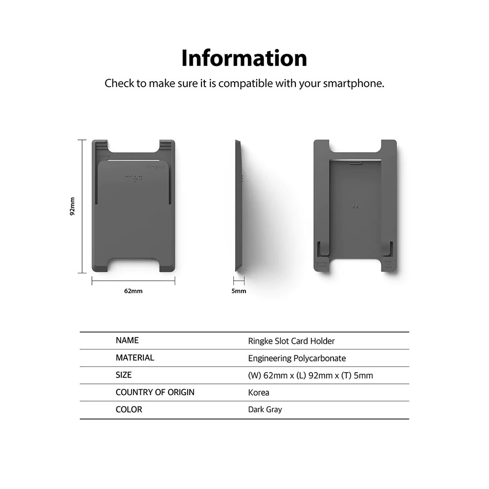 Picture of Ringke Slot Card Holder Max Holder 3 Card 3M Adhesive Sticker with High Quality PC Material for Smartphone (Dark Gray)