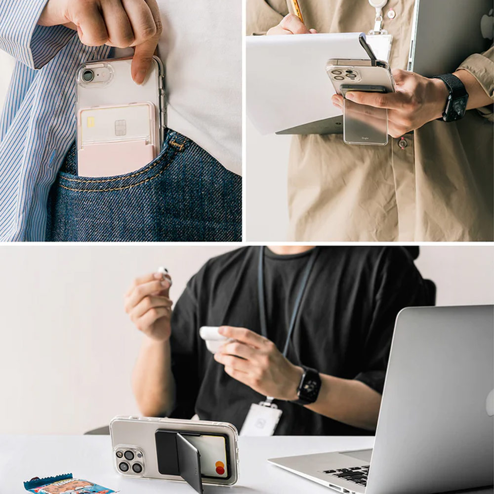 Picture of Ringke 2 in 1 Adhesive Card Holder Stand Slot Kickstand with High Quality PC Material for Smartphone (Clear Black)