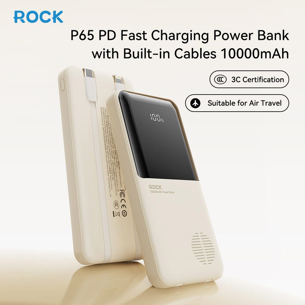 Picture of Rock CCC 3C Certified Power Bank Mini Compact Size PD 22.5W 10000mAh Travel Portable Small Palm Size Compact Mini CCC Power Bank powerbank with Multiple Built in Cable USB C USB L