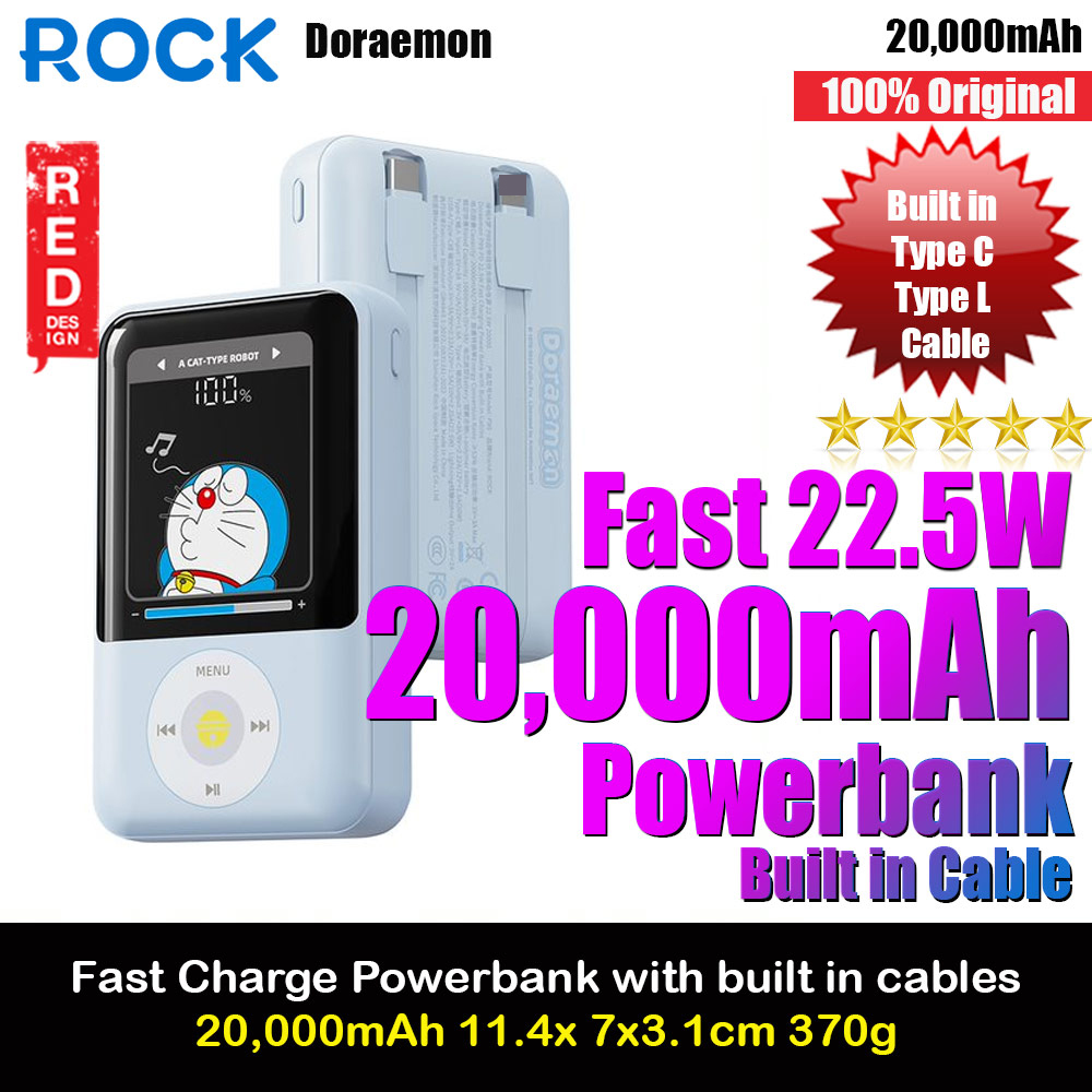 Picture of Rock Mini Compact Size PD 20W 20000mAh Travel Portable Small Palm Size Compact Mini Power Bank powerbank with Multiple Built in Cable USB C USB L (Doraemon) Red Design- Red Design Cases, Red Design Covers, iPad Cases and a wide selection of Red Design Accessories in Malaysia, Sabah, Sarawak and Singapore 