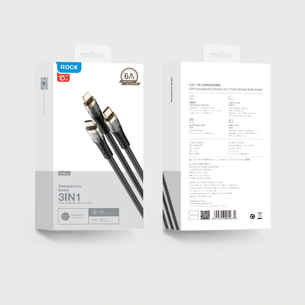Picture of ROCK G20 3 in 1 USB Cable 100W Fast Charging Type C Micro PD Lightning Cable For iPhone  Xiaomi Samsung VOOC OPPO OnePlus Realme Fast Charge (Black)