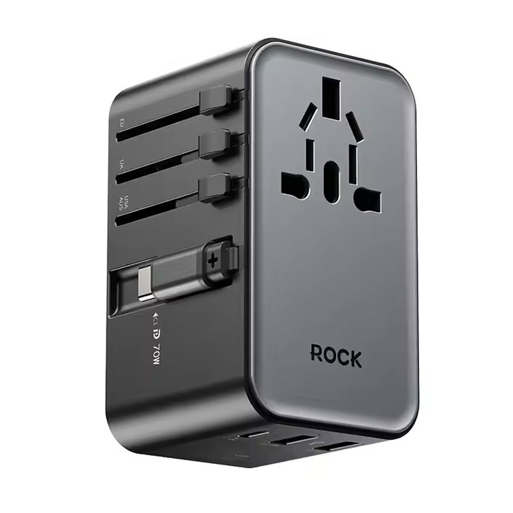 Picture of Rock Go Travel PD 70W Power Delivery Gan Fast Charge Universal Travel Adapter Charger with 2 USB A 1 USB C 1 Built in USB C Cable Smart Charging Surge Protected Charger (Black)