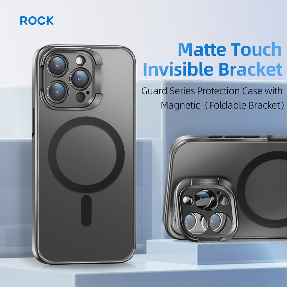 Picture of Apple iPhone 15 Pro Max 6.7 Case | Rock Guard Foldable Lens Bracket Kickstand Magnetic Drop Protection Case for iPhone 15 Pro Max 6.7 (Grey)