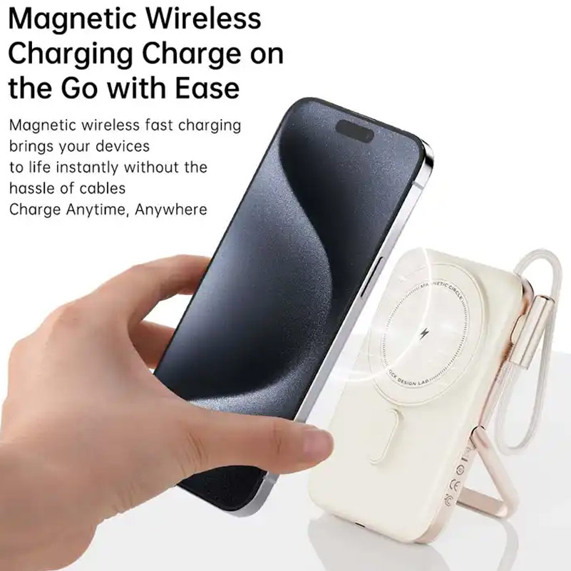 Picture of Rock P30 Pro  PD30W 15W Magnetic Wireless Charging Fast Charge 10000mAh Travel Portable Small Palm Size Compact Mini Power Bank powerbank Stand Holder with Type C Cable (Beige)