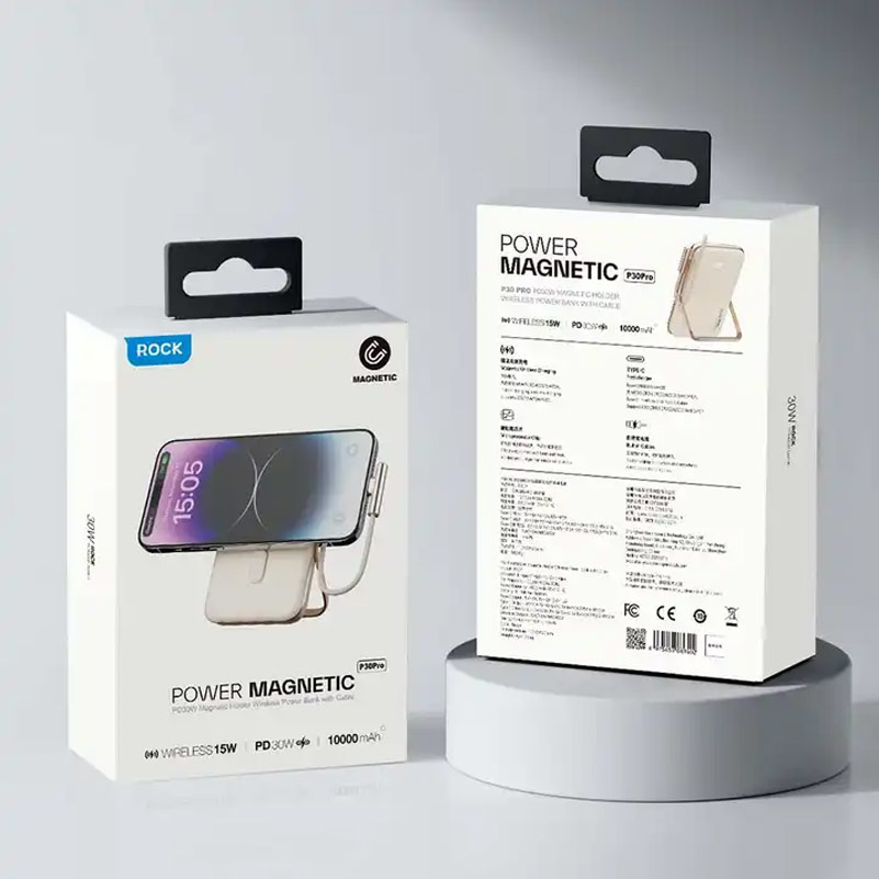 Picture of Rock P30 Pro  PD30W 15W Magnetic Wireless Charging Fast Charge 10000mAh Travel Portable Small Palm Size Compact Mini Power Bank powerbank Stand Holder with Type C Cable (Beige)