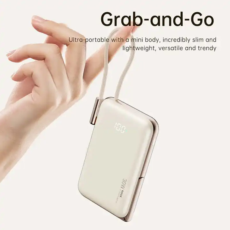 Picture of Rock P30 Pro  PD30W 15W Magnetic Wireless Charging Fast Charge 10000mAh Travel Portable Small Palm Size Compact Mini Power Bank powerbank Stand Holder with Type C Cable (Beige)