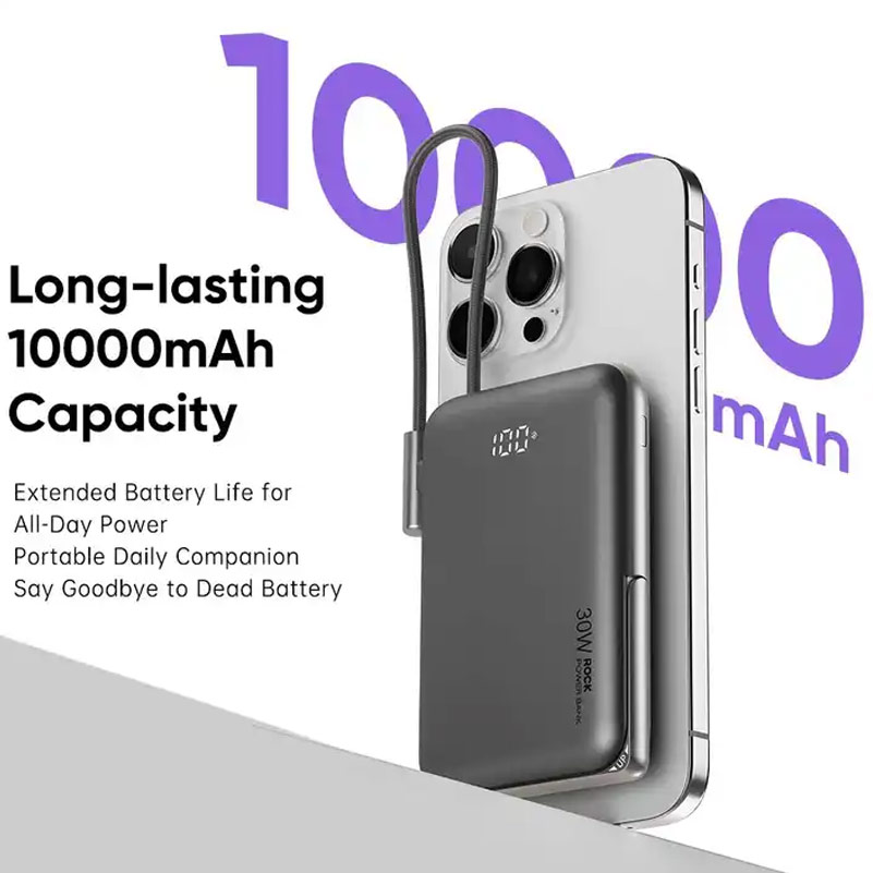 Picture of Rock P30 Pro  PD30W 15W Magnetic Wireless Charging Fast Charge 10000mAh Travel Portable Small Palm Size Compact Mini Power Bank powerbank Stand Holder with Type C Cable (Beige)