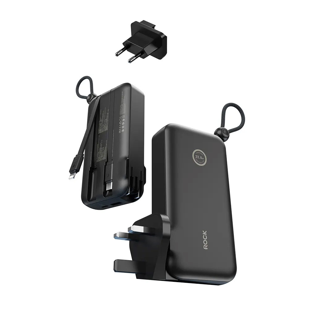 Picture of Rock Wall Charger 22.5W Power Bank 10000mAh Travel Portable  with Multiple Built in Cable USB C USB L and US UK EU Plugs (Black)