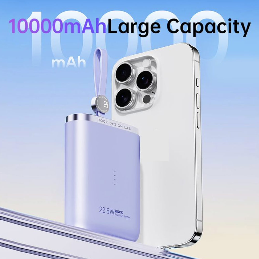 Picture of Rock CCC 3C Certified Power Bank Mini Compact Pocket Size Small Thin Portable Easy Travel Fast Charge CCC Powerbank Power Bank with Cable (Black)