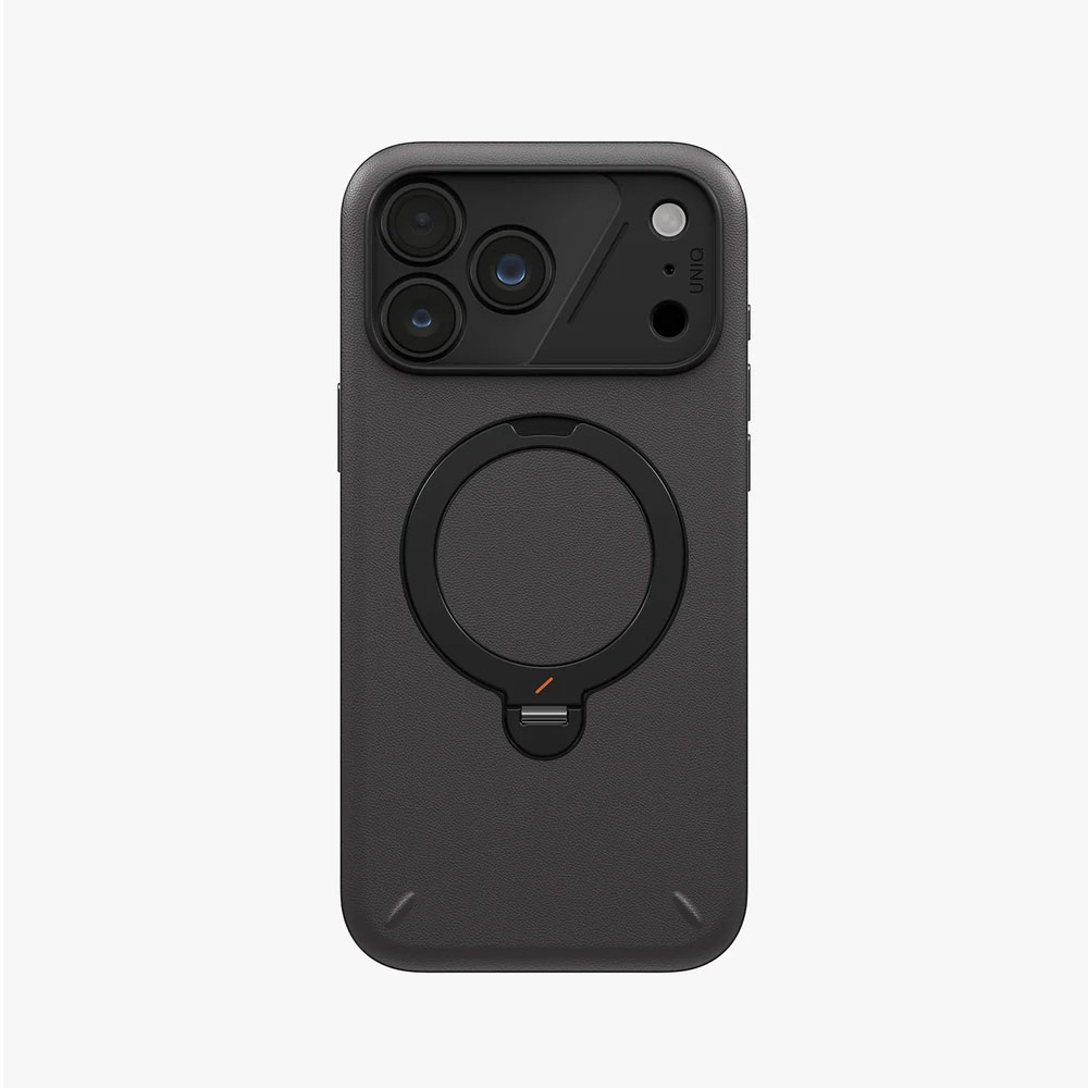 Picture of Apple iPhone 18 Pro Case | Uniq Elix 360 Kickstand Leather Drop Protection Magnetic Case with Camera Control Button for iPhone 18 Pro - Charcoal Grey