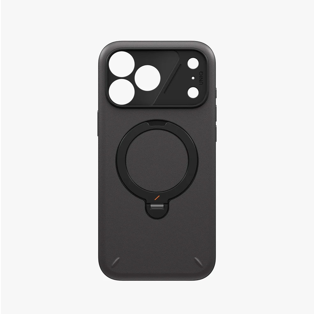Picture of Apple iPhone 18 Pro Case | Uniq Elix 360 Kickstand Leather Drop Protection Magnetic Case with Camera Control Button for iPhone 18 Pro - Charcoal Grey