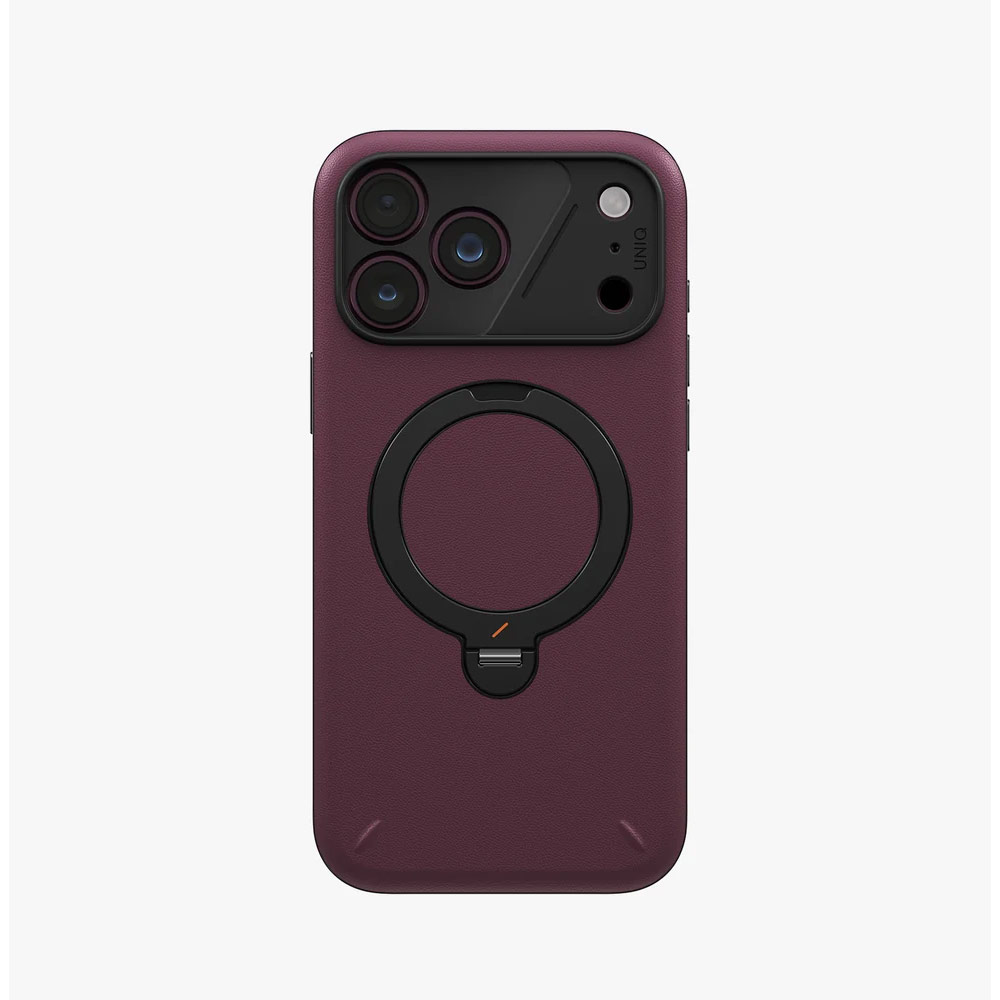 Picture of Apple iPhone 18 Pro Case | Uniq Elix 360 Kickstand Leather Drop Protection Magnetic Case with Camera Control Button for iPhone 18 Pro - Deep Maroon