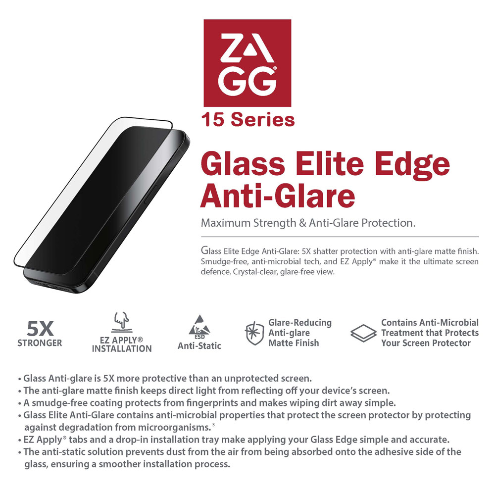 Picture of Apple iPhone 15 Pro Max 6.7 Screen Protector | Zagg Glass Plus Edge Anti Glare Tempered Glass Screen Protector with Easy Installation Tray for iPhone 15 Pro Max 6.7 (Matte)