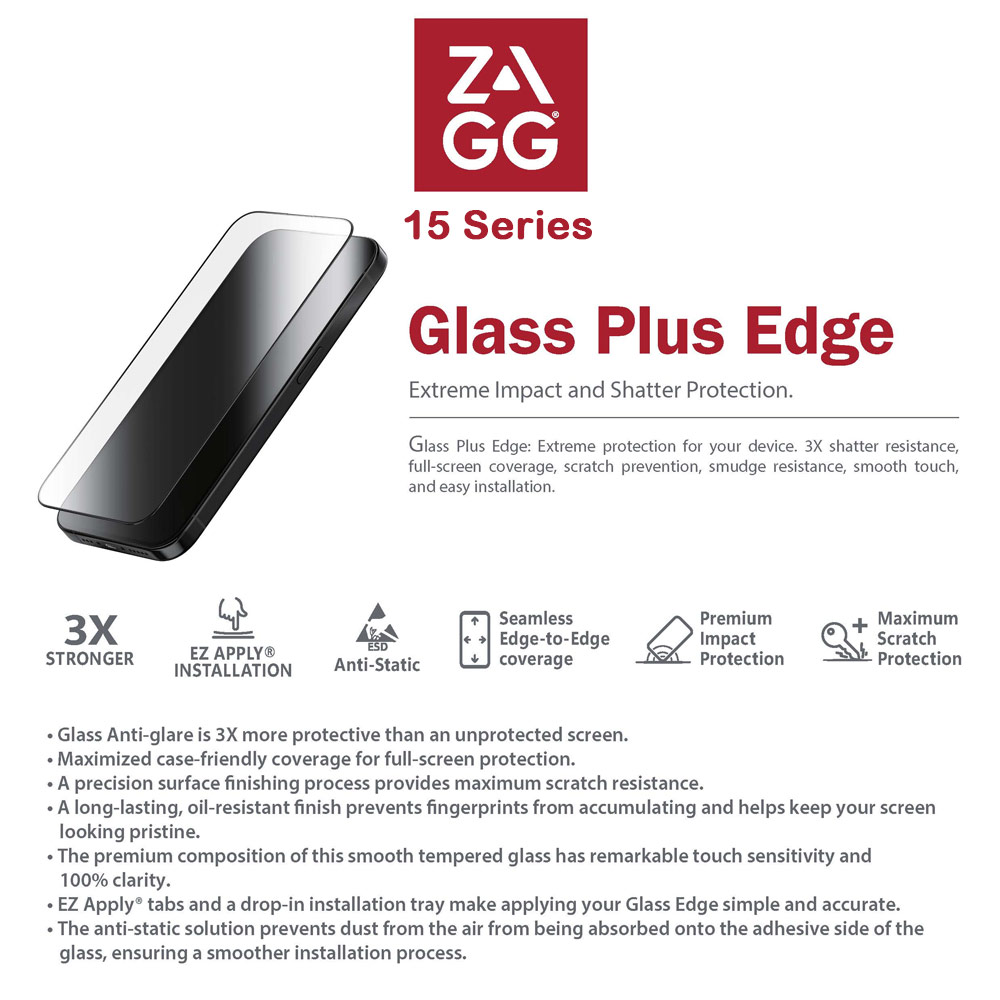 Picture of Apple iPhone 15 Pro Max 6.7 Screen Protector | Zagg Glass Plus Edge Tempered Glass Screen Protector with Easy Installation Tray for iPhone 15 Pro Max 6.7 (Clear)